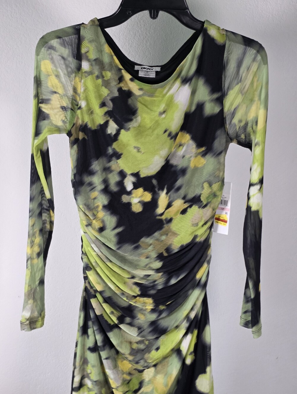 DKNY NWT Size 10P Green Floral Ruched Long Sleeve Mesh Midi Dress $129 - Picture 4 of 10